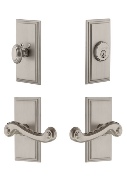 Grandeur Hardware - Carre Plate with Newport Lever and matching Deadbolt in Satin Nickel - CARNEW - 834543