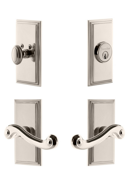 Grandeur Hardware - Carre Plate with Newport Lever and matching Deadbolt in Polished Nickel - CARNEW - 834562