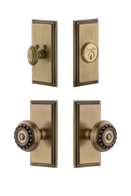 Grandeur Hardware - Carre Plate with Parthenon Knob and matching Deadbolt in Vintage Brass - CARPAR - 826970