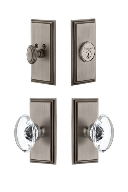 Grandeur Hardware - Carre Plate with Provence Crystal Knob and matching Deadbolt in Antique Pewter - CARPRO - 827038