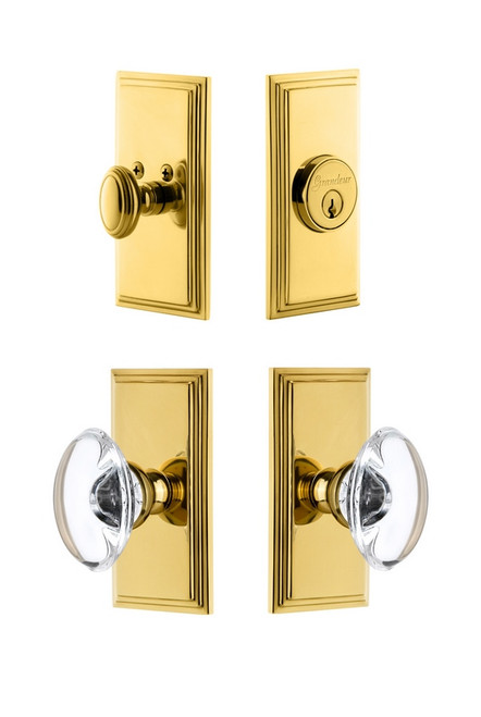 Grandeur Hardware - Carre Plate with Provence Crystal Knob and matching Deadbolt in Lifetime Brass - CARPRO - 827094