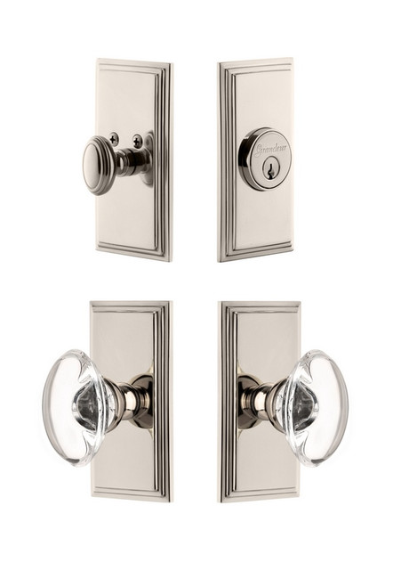 Grandeur Hardware - Carre Plate with Provence Crystal Knob and matching Deadbolt in Polished Nickel - CARPRO - 827054