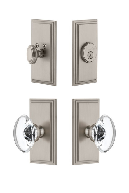 Grandeur Hardware - Carre Plate with Provence Crystal Knob and matching Deadbolt in Satin Nickel - CARPRO - 827074