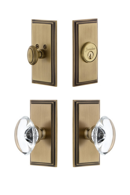 Grandeur Hardware - Carre Plate with Provence Crystal Knob and matching Deadbolt in Vintage Brass - CARPRO - 827082