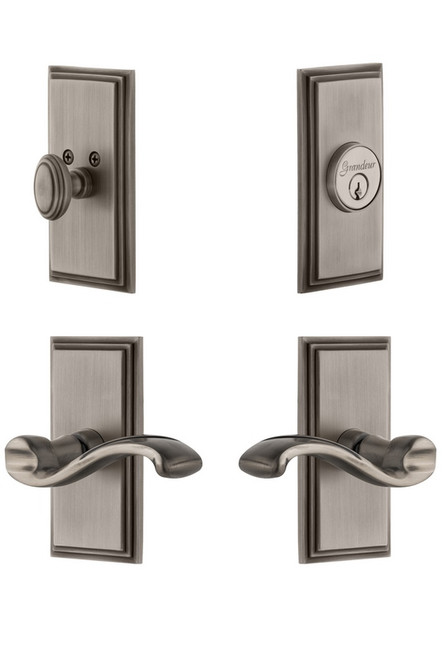 Grandeur Hardware - Carre Plate with Portfino Lever and matching Deadbolt in Antique Pewter - CARPRT - 827422