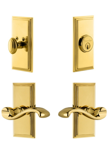 Grandeur Hardware - Carre Plate with Portfino Lever and matching Deadbolt in Lifetime Brass - CARPRT - 827430