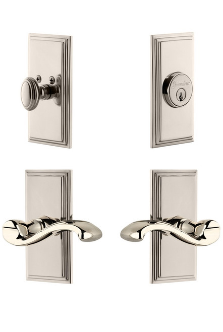 Grandeur Hardware - Carre Plate with Portfino Lever and matching Deadbolt in Polished Nickel - CARPRT - 827454
