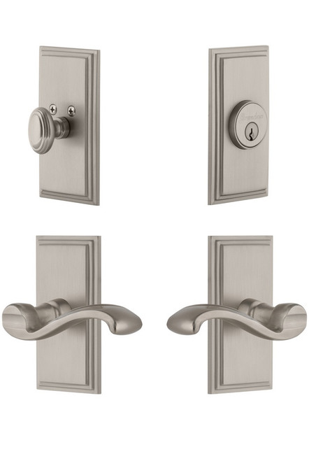 Grandeur Hardware - Carre Plate with Portfino Lever and matching Deadbolt in Satin Nickel - CARPRT - 827442