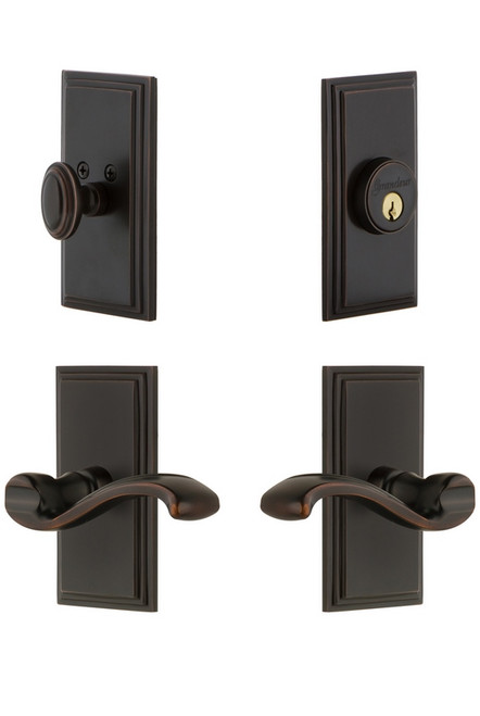 Grandeur Hardware - Carre Plate with Portfino Lever and matching Deadbolt in Timeless Bronze - CARPRT - 827446