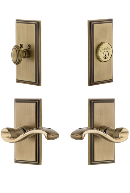 Grandeur Hardware - Carre Plate with Portfino Lever and matching Deadbolt in Vintage Brass - CARPRT - 827450