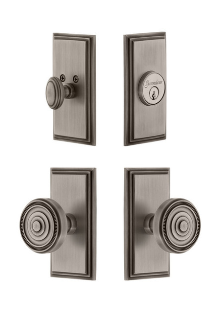 Grandeur Hardware - Carre Plate with Soleil Knob and matching Deadbolt in Antique Pewter - CARSOL - 833886