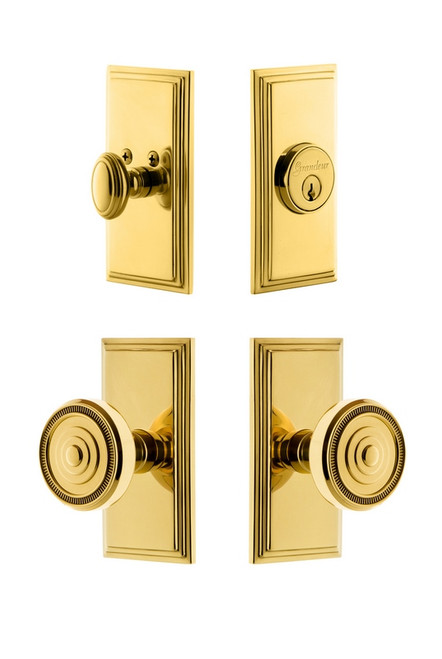 Grandeur Hardware - Carre Plate with Soleil Knob and matching Deadbolt in Lifetime Brass - CARSOL - 833892