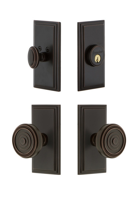 Grandeur Hardware - Carre Plate with Soleil Knob and matching Deadbolt in Timeless Bronze - CARSOL - 833898
