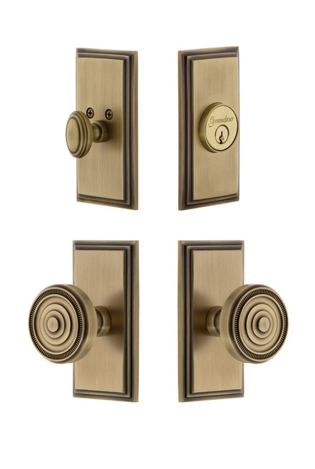 Grandeur Hardware - Carre Plate with Soleil Knob and matching Deadbolt in Vintage Brass - CARSOL - 833917