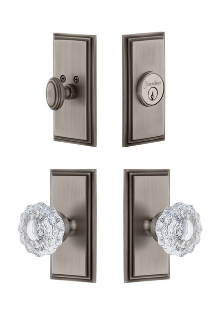 Grandeur Hardware - Carre Plate with Versailles Crystal Knob and matching Deadbolt in Antique Pewter - CARVER - 827182