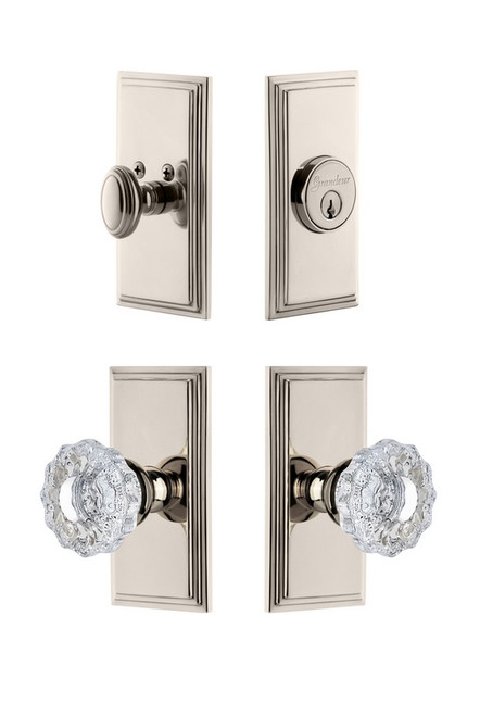 Grandeur Hardware - Carre Plate with Versailles Crystal Knob and matching Deadbolt in Polished Nickel - CARVER - 827150