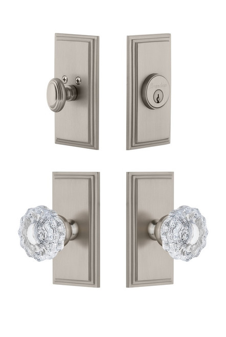 Grandeur Hardware - Carre Plate with Versailles Crystal Knob and matching Deadbolt in Satin Nickel - CARVER - 827154