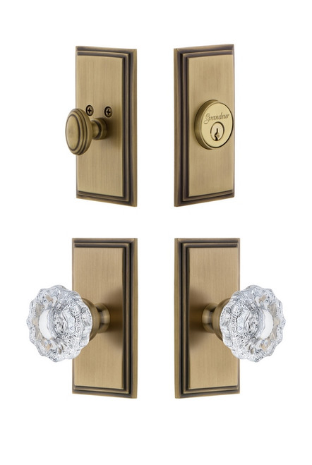 Grandeur Hardware - Carre Plate with Versailles Crystal Knob and matching Deadbolt in Vintage Brass - CARVER - 827178