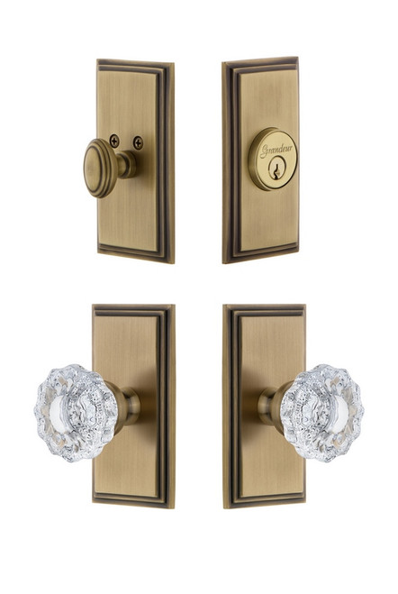 Grandeur Hardware - Carre Plate with Versailles Crystal Knob and matching Deadbolt in Vintage Brass - CARVER - 827210