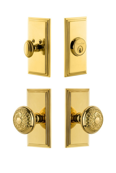 Grandeur Hardware - Carre Plate with Windsor Knob and matching Deadbolt in Lifetime Brass - CARWIN - 827238