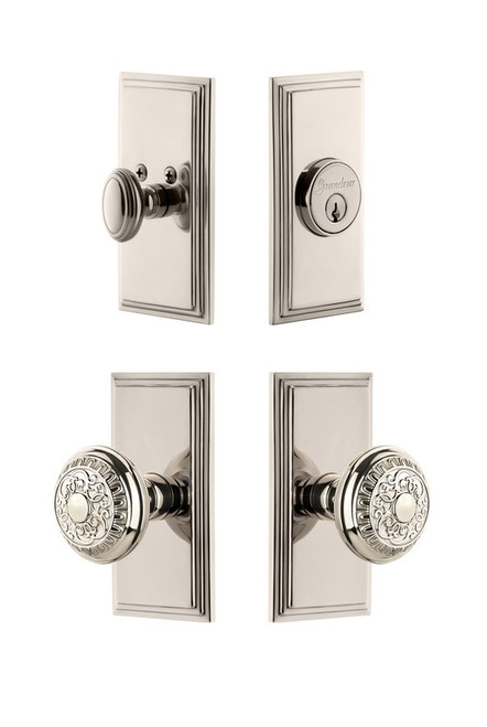 Grandeur Hardware - Carre Plate with Windsor Knob and matching Deadbolt in Polished Nickel - CARWIN - 827294
