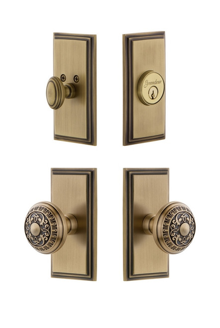 Grandeur Hardware - Carre Plate with Windsor Knob and matching Deadbolt in Vintage Brass - CARWIN - 827306