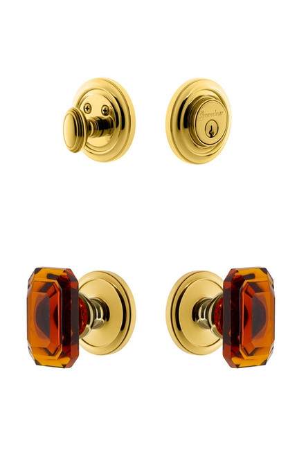 Grandeur Hardware - Circulaire Rosette with Amber Baguette Crystal Knob and matching Deadbolt in Lifetime Brass - CIRBCA - 828799