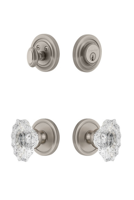 Grandeur Hardware - Circulaire Rosette with Biarritz Crystal Knob and matching Deadbolt in Satin Nickel - CIRBIA - 826159