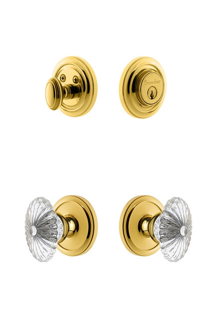 Grandeur Hardware - Circulaire Rosette with Burgundy Crystal Knob and matching Deadbolt in Lifetime Brass - CIRBUR - 826327