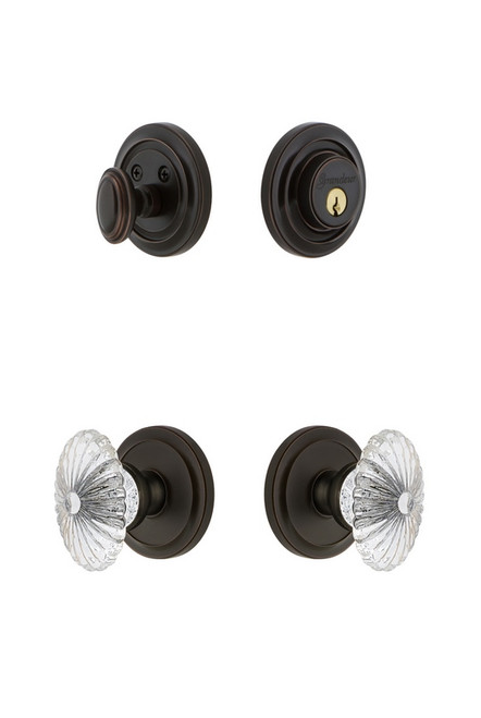 Grandeur Hardware - Circulaire Rosette with Burgundy Crystal Knob and matching Deadbolt in Timeless Bronze - CIRBUR - 826291