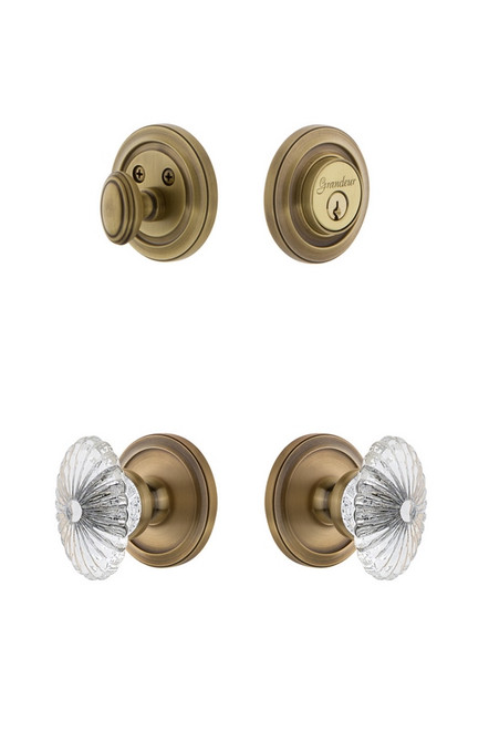 Grandeur Hardware - Circulaire Rosette with Burgundy Crystal Knob and matching Deadbolt in Vintage Brass - CIRBUR - 826359
