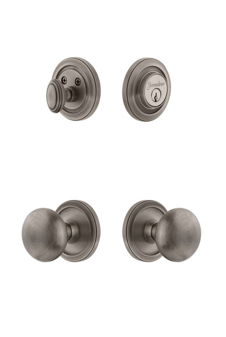 Grandeur Hardware - Circulaire Rosette with Fifth Avenue Knob and matching Deadbolt in Antique Pewter - CIRFAV - 826555