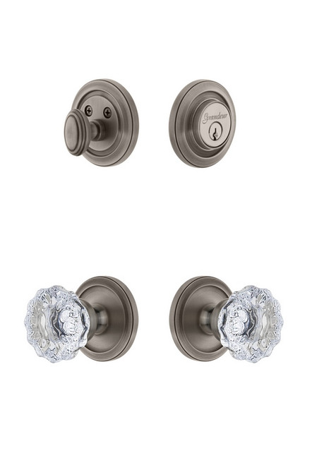 Grandeur Hardware - Circulaire Rosette with Fontainebleau Crystal Knob and matching Deadbolt in Antique Pewter - CIRFON - 826699