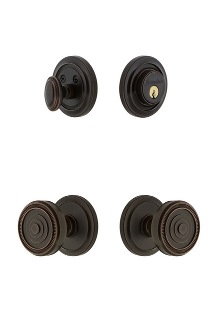 Grandeur Hardware - Circulaire Rosette with Soleil Knob and matching Deadbolt in Timeless Bronze - CIRSOL - 834004