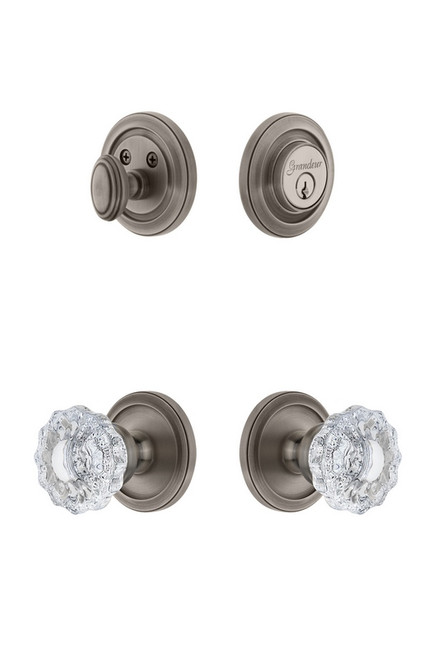 Grandeur Hardware - Circulaire Rosette with Versailles Crystal Knob and matching Deadbolt in Antique Pewter - CIRVER - 827131