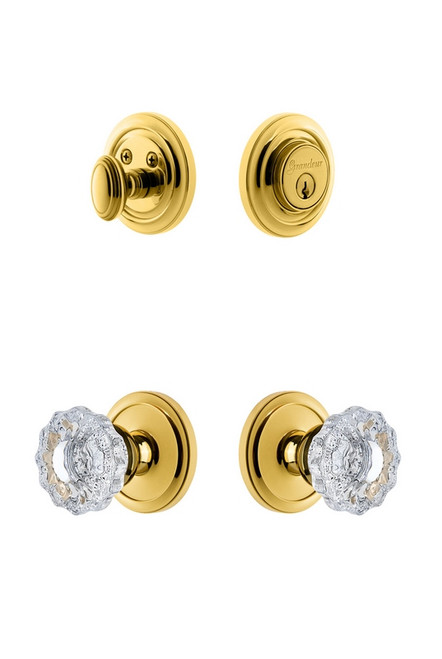 Grandeur Hardware - Circulaire Rosette with Versailles Crystal Knob and matching Deadbolt in Lifetime Brass - CIRVER - 827139