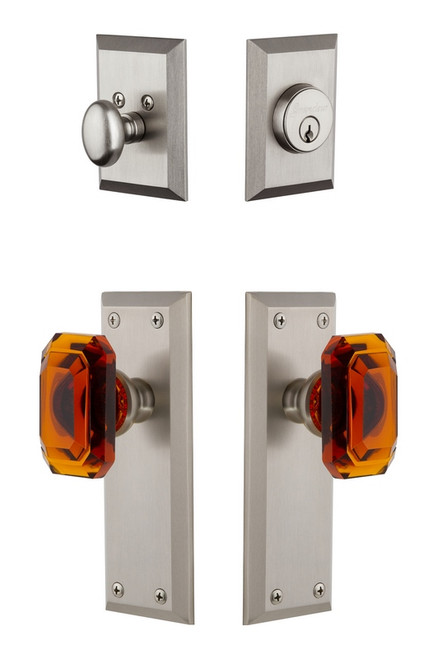 Grandeur Hardware - Fifth Avenue Plate with Amber Baguette Crystal Knob and matching Deadbolt in Satin Nickel - FAVBCA - 828698