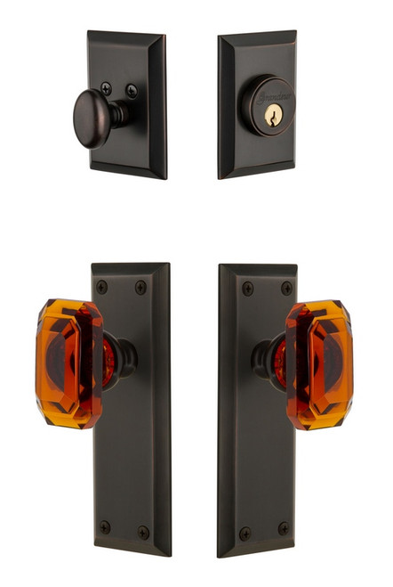 Grandeur Hardware - Fifth Avenue Plate with Amber Baguette Crystal Knob and matching Deadbolt in Timeless Bronze - FAVBCA - 828701