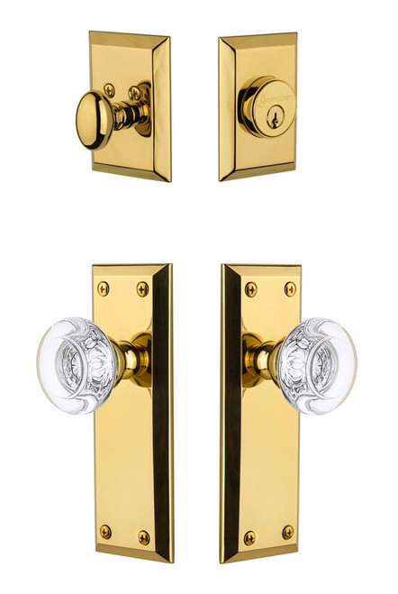 Grandeur Hardware - Fifth Avenue Plate with Bordeaux Crystal Knob and matching Deadbolt in Lifetime Brass - FAVBOR - 817846