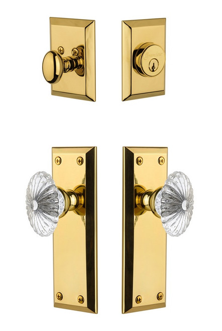 Grandeur Hardware - Fifth Avenue Plate with Burgundy Crystal Knob and matching Deadbolt in Lifetime Brass - FAVBUR - 801727