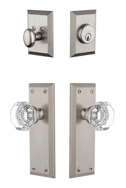 Grandeur Hardware - Fifth Avenue Plate with Chambord Crystal Knob and matching Deadbolt in Satin Nickel - FAVCHM - 817872