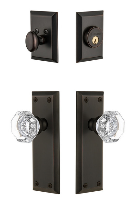 Grandeur Hardware - Fifth Avenue Plate with Chambord Crystal Knob and matching Deadbolt in Timeless Bronze - FAVCHM - 817879