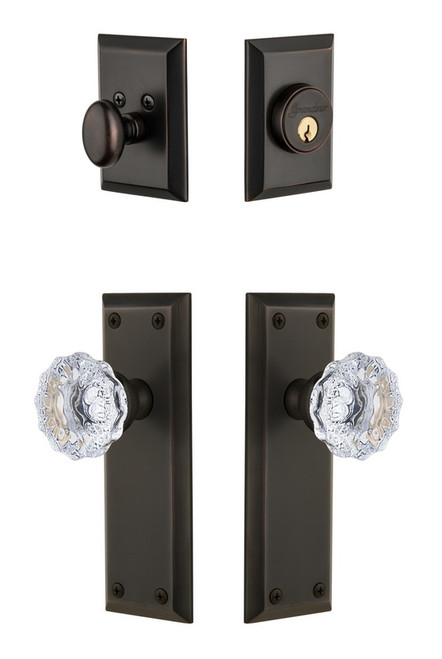 Grandeur Hardware - Fifth Avenue Plate with Fontainebleau Crystal Knob and matching Deadbolt in Timeless Bronze - FAVFON - 817915