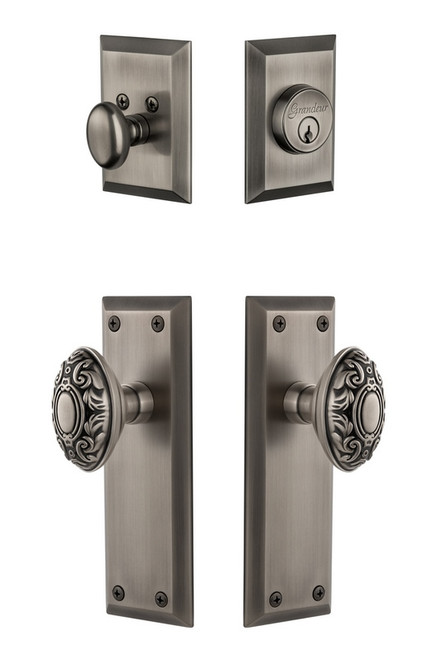 Grandeur Hardware - Fifth Avenue Plate with Grande Victorian Knob and matching Deadbolt in Antique Pewter - FAVGVC - 802237