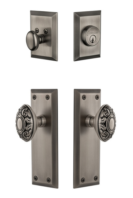 Grandeur Hardware - Fifth Avenue Plate with Grande Victorian Knob and matching Deadbolt in Antique Pewter - FAVGVC - 817917