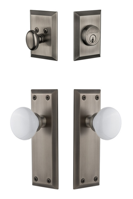 Grandeur Hardware - Fifth Avenue Plate with Hyde Park Porcelain Knob and matching Deadbolt in Antique Pewter - FAVHYD - 801325