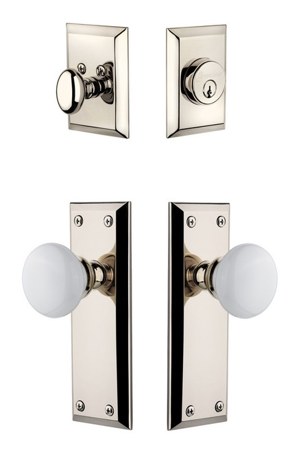 Grandeur Hardware - Fifth Avenue Plate with Hyde Park Porcelain Knob and matching Deadbolt in Polished Nickel - FAVHYD - 802337