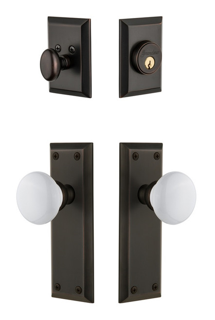 Grandeur Hardware - Fifth Avenue Plate with Hyde Park Porcelain Knob and matching Deadbolt in Timeless Bronze - FAVHYD - 801327
