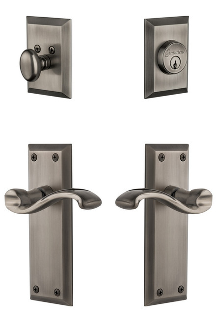 Grandeur Hardware - Fifth Avenue Plate with Portfino Lever and matching Deadbolt in Antique Pewter - FAVPRT - 817971