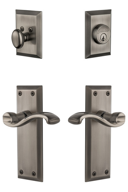 Grandeur Hardware - Fifth Avenue Plate with Portfino Lever and matching Deadbolt in Antique Pewter - FAVPRT - 823022